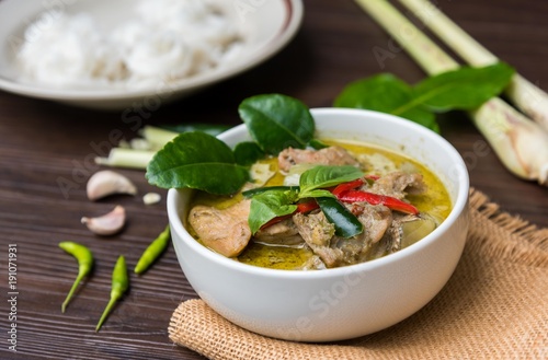 Green curry (Kaeng kheiyw hwan) with Thai food for steamed rice or rice noodles. Thai food very popular photo