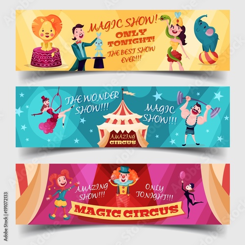 Set of isolated circus cards with clown, magician