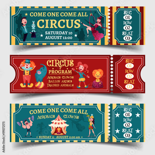 Set of isolated circus entertaining show tickets