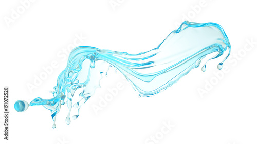 Isolated blue splash of water on a white background. 3d illustration, 3d rendering.