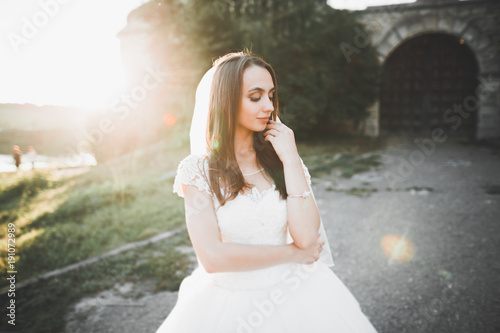 Beautiful elegant bride with perfect wedding dress and bouquet posing near old castle photo