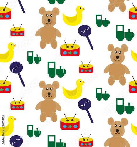 Pattern with toys: bears, trains, drum and ducks  