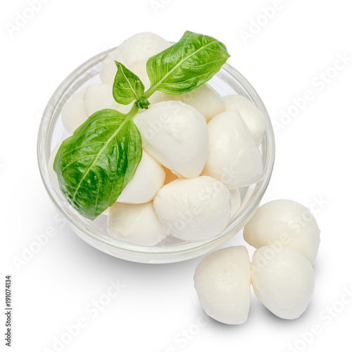 Mozzarella cheese and basil in bowl on white background