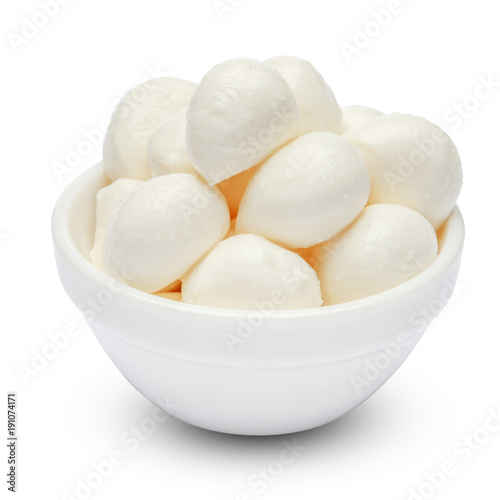 Mozzarella cheese in bowl on white background