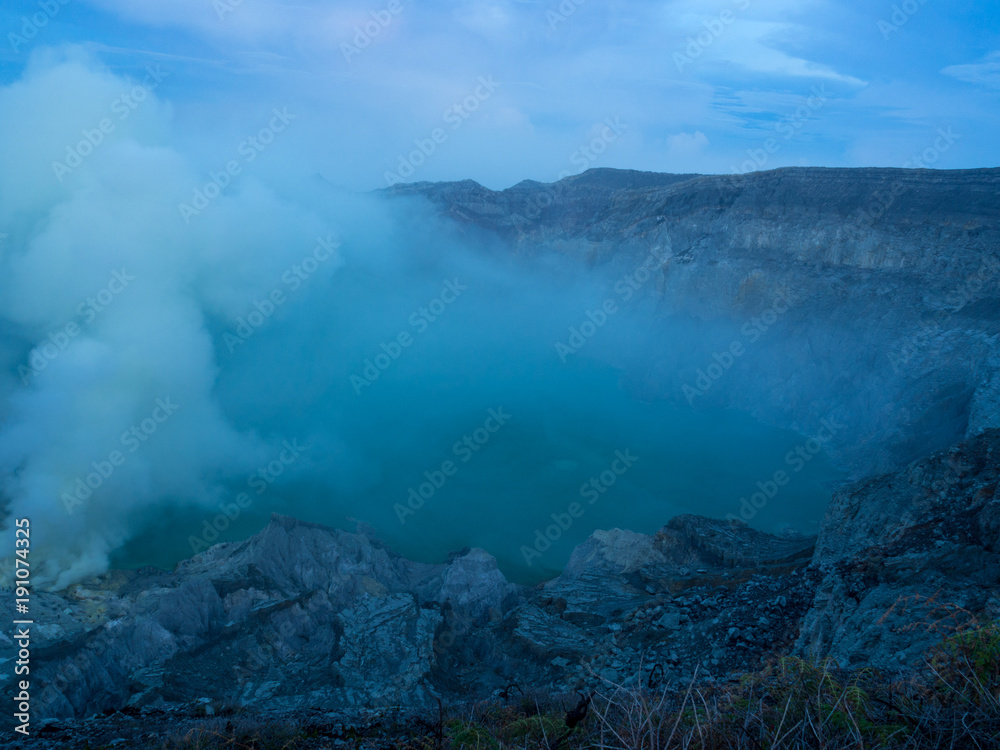 View from Ijen Crater, Sulfur fume at Kawah Ijen, Vocalno in Indenesia. November, 2017