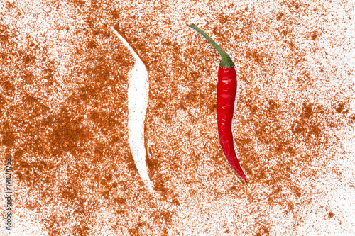 Red chili pepper and its print forming a “medium spicy” symbol on white background.