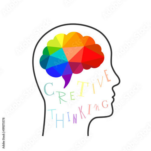Creative thinking concept with colorful brain in low poly design and head silhouette