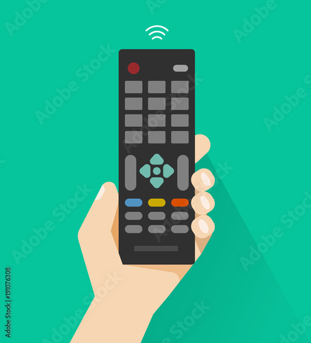 Hand holding remote control from TV vector illustration, flat cartoon man hand with remote control device and wireless signal isolated