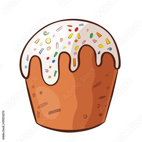 Orthodox Easter cake with icing and multicolor sprinkles, Russian Easter bread isolated on white background