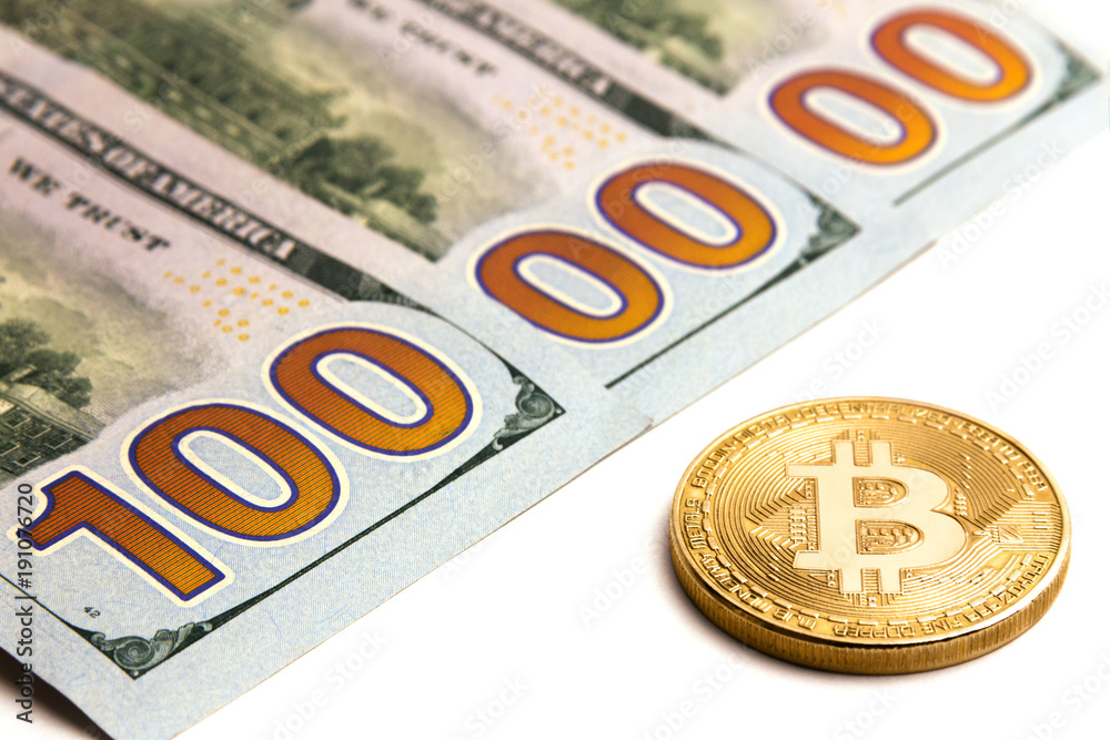 What cryptocurrency exchange rate. Gold bitcoin next to US banknotes. Three hundred dollar bills. One million dolars. White background. What cryptocurrency exchange rate. Gold bitcoin next to US banknotes. Three hundred dollar bills. One million dolars. White background.