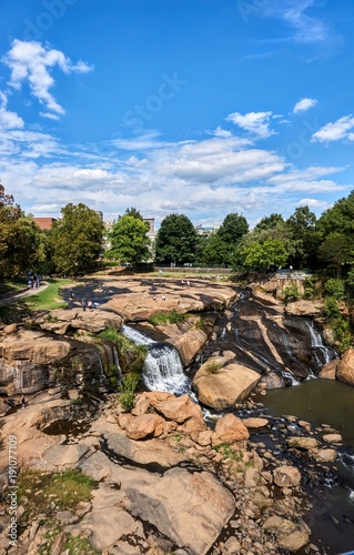Falls Park, Greenville, SC. A public park for recreation with a river flowing through it.