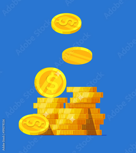 Coins stack vector illustration, flat coin money stacked icon flat, golden penny cash pile, treasure heap isolated on color background