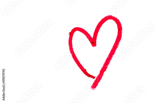 Red heart shape written from red lipstick on white background with copy space for Valentine's day and love concept