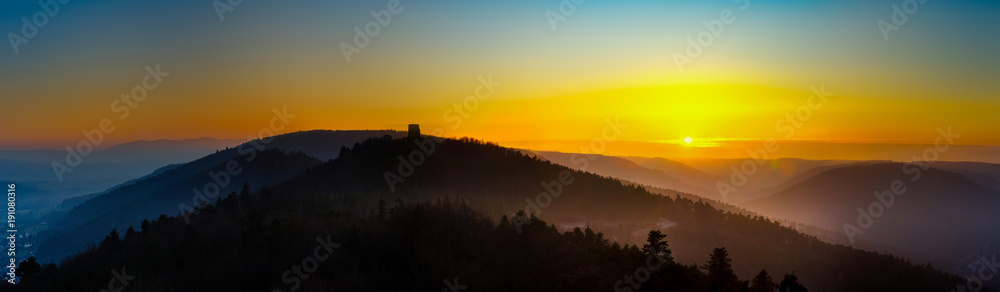 Wide panoramic view of sunset in Vosges mountains, Alsace