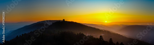 Wide panoramic view of sunset in Vosges mountains, Alsace