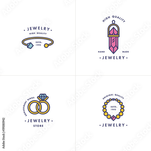 Vector set of logos with necklace and gem stone, wedding rings and bracelet design in trendy linear style in colorful colors