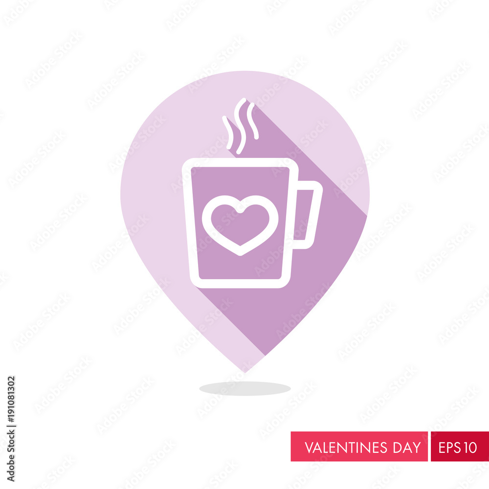 Tea cup with heart and steam pin map icon Tea cup with heart and steam pin map icon