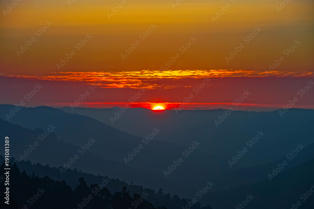 Fototapeta premium Sunset in Vosges mountains colorful view, Alsace