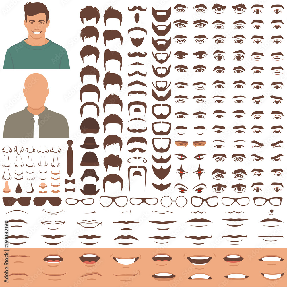 Naklejka premium vector illustration of man face parts, character head, eyes, mouth, lips, hair and eyebrow icon set