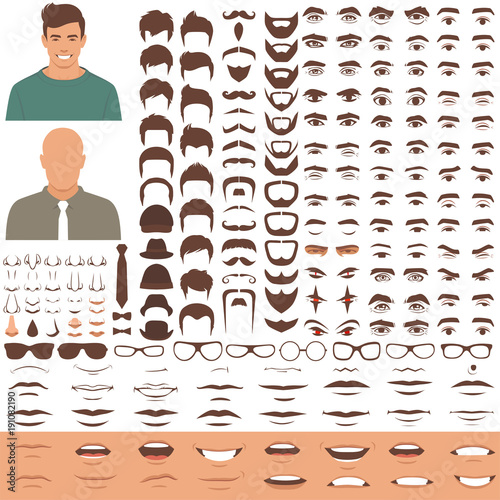 Tela vector illustration of man face parts, character head, eyes, mouth, lips, hair a