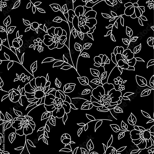 Seamless pattern with flowers. White lines on black background. Vector floral wallpaper