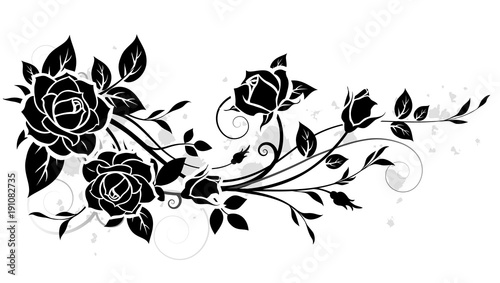 Decorative ornament with rose and leaves silhouette. Vector floral pattern