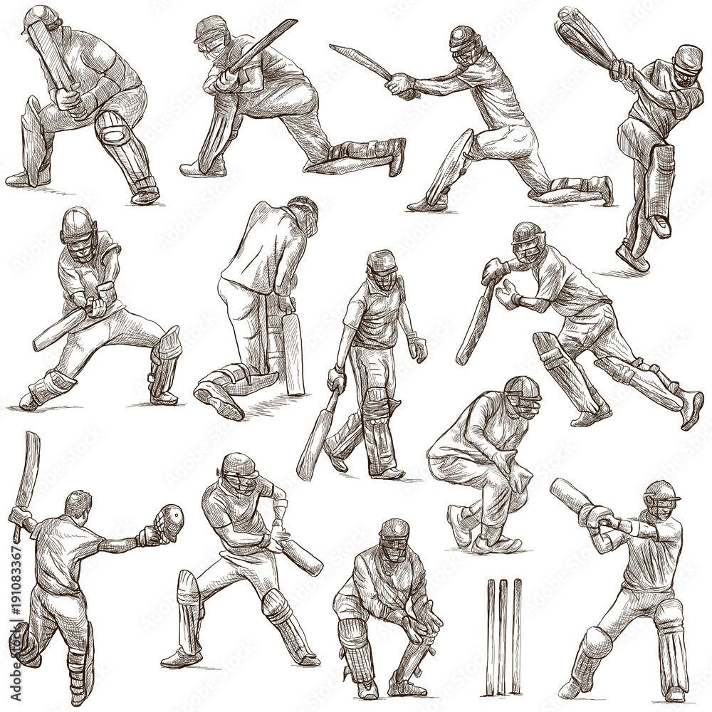 Fototapeta premium Cricket sport collection. Cricketers. Full sized hand drawings on white background. Isolated.