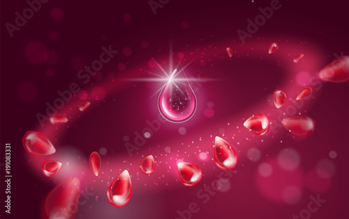 A drop of essence oil or serum. Bright radial effect with flying elements of pomegranate with particles. Light aura effect with effect on red bokeh background for decoration. Vector realistic