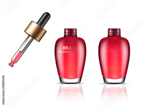 Glass transparent bottle for serum, essence oil or creme fluid with cosmetic pipette. Package design template. 3d vector realistic illustration. Theme of cosmetics, skin care, youth and beauty.