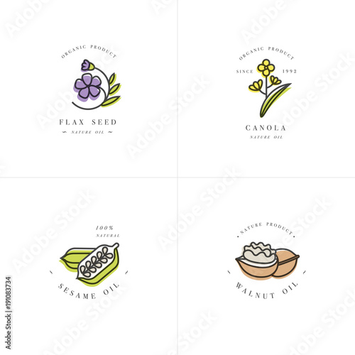 Vector set design templates and emblems - healthy and cosmetics oils - flax seed, walnut, sesame and canola.