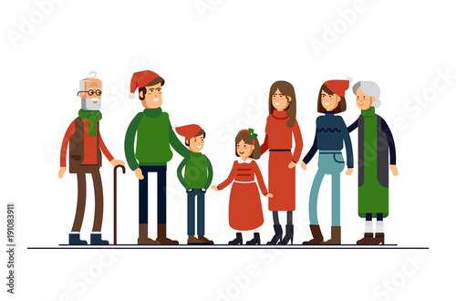 Big happy family in Christmas hats have hugging. Parents with children standing together holding each other.