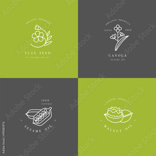 Vector set design templates and emblems - healthy and cosmetics oils - flax seed, walnut, sesame and canola.