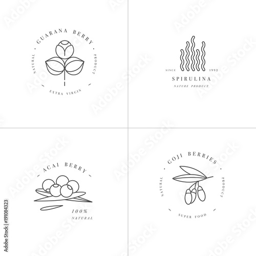 Vector set design templates and emblems - healthy eco food - camu camu, spirulina, goji berry and acai berry. Detox and weightloss supplements.