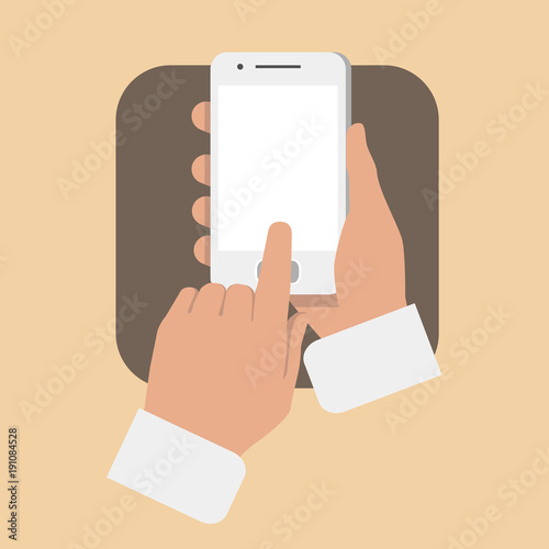 Hands holding a mobile and pressing on the screen. Flat vector design illustration.
