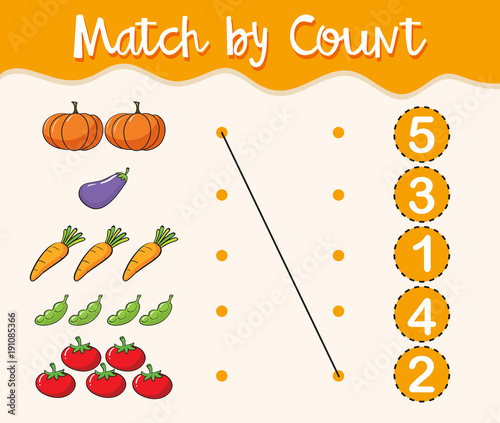 Math worksheet template with matching numbers and vegetables