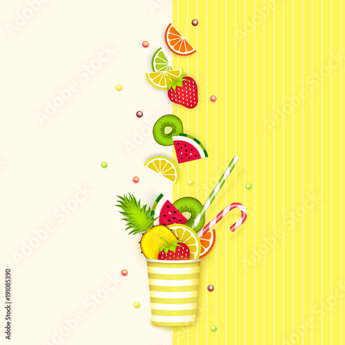 Cocktail of fruit falling in a glass, 3d, Pastel. Creative abstract background with place for advertising text, paper cut. Minimalist summer food concept. Vector illustration