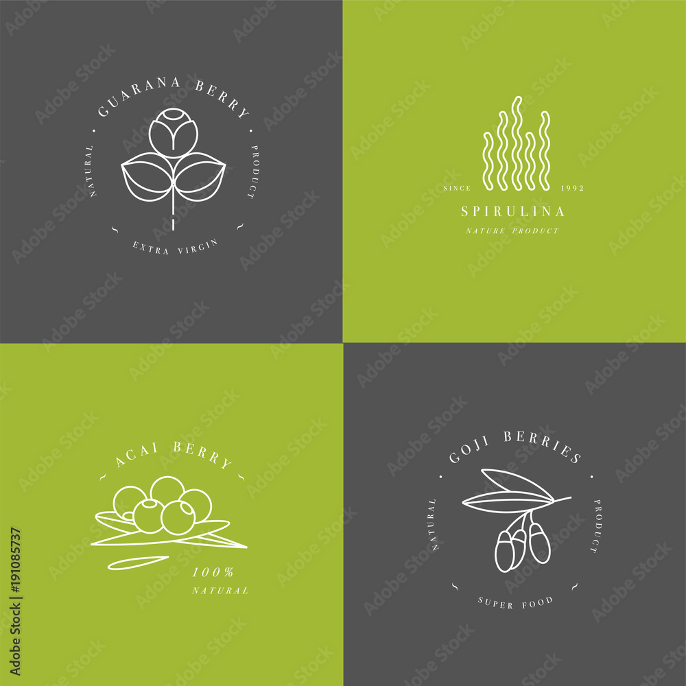 Vector set design templates and emblems - healthy eco food - camu camu, spirulina, goji berry and acai berry. Detox and weightloss supplements. Vector set design templates and emblems - healthy eco food - camu camu, spirulina, goji berry and acai berry. Detox and weightloss supplements.