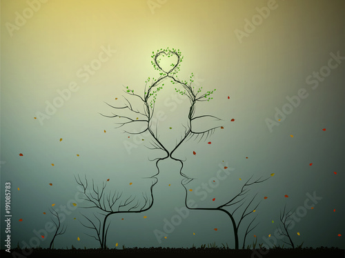 real love never change, couple of people look like tree branches silhouettes with green heart, two profiles of lowers concept,