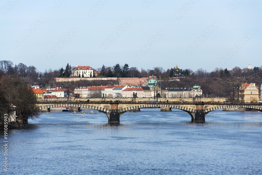 Kramar Villa, Pavilion of Hanau and Straka academy, Czech Government seat with Prague bridges on Vltava river panorama