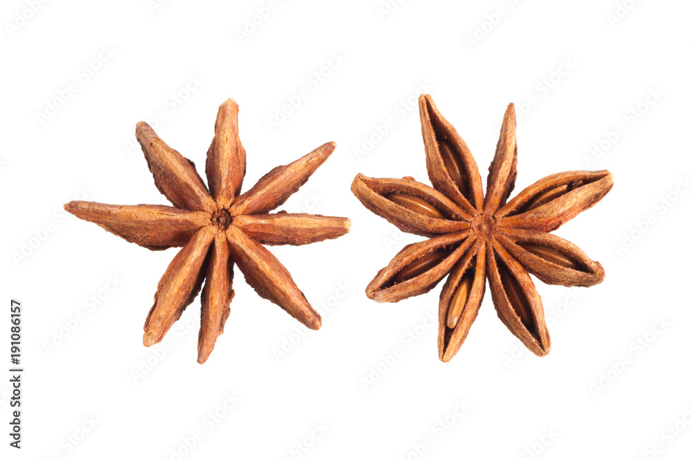 Two anise stars isolated on white background Two anise stars isolated on white background