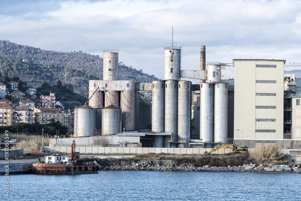 Old silos and industrial area in the Imperia harbor (Italy)