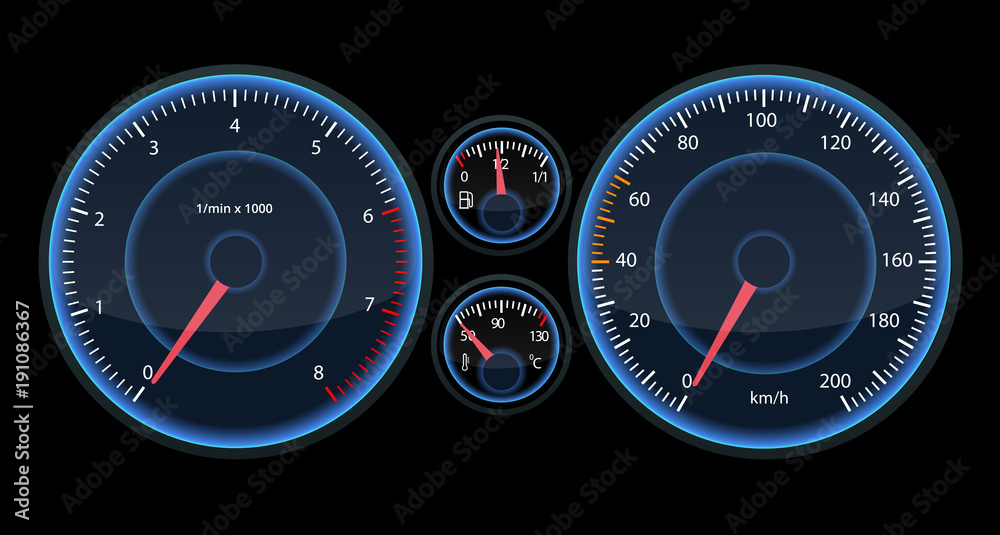 Car speedometer panel. View at night on the panel. Futuristic Speedometer dor Infographic and