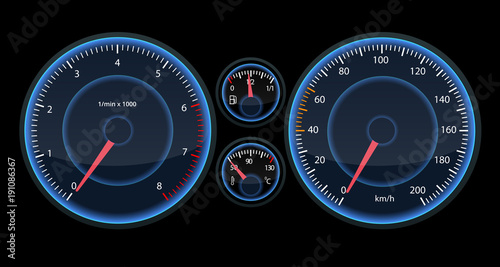 Car speedometer panel. View at night on the panel. Futuristic Speedometer dor Infographic and designe.