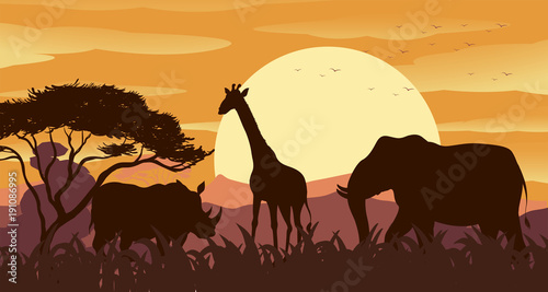 Silhouette scene with wild animals at sunset