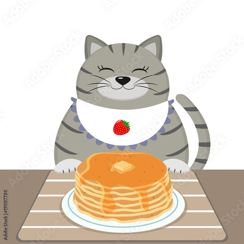 A gray fat cat in a bib also sits at a table and eats pancakes.