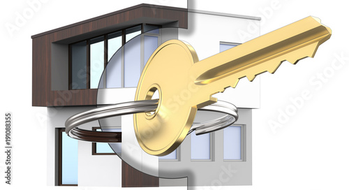 3D rendering mixed with the drawing and outline of the exterior of the house along with the gold key. As a symbol of your dream house design. Isolated on white background.