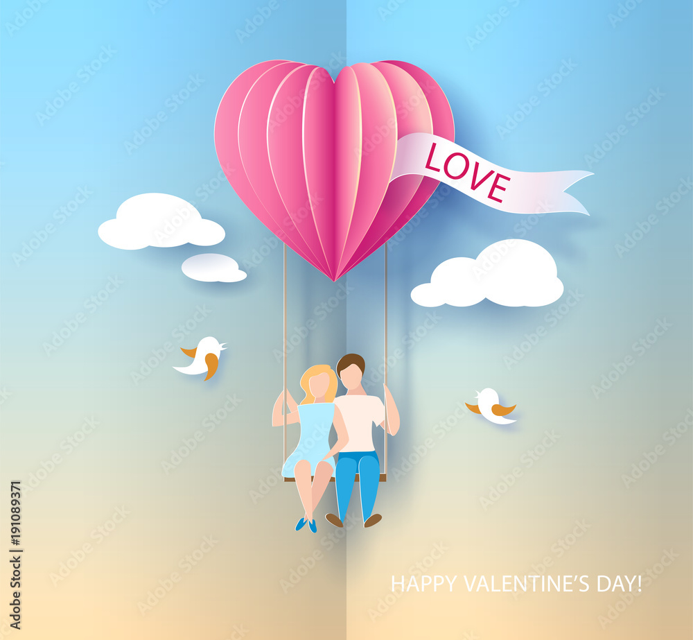 Valentines day card. Abstract background with couple in love on teeterboard, heart balloon and blue sky. Vector illustration. Paper cut and craft style. Valentines day card. Abstract background with couple in love on teeterboard, heart balloon and blue sky. Vector illustration. Paper cut and craft style.