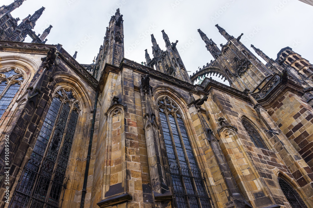 Perspective view of Fragments of the facade of St. Vitus Cathedral in Prague, Czech Republic