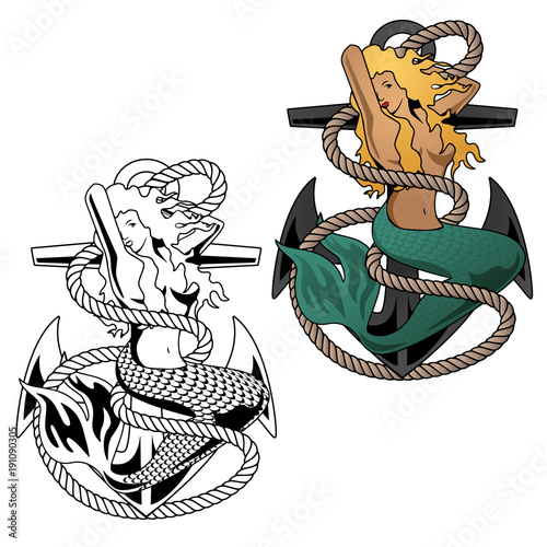 Beautiful mermaid woman on anchor, with rope, blonde flowing hair, tattoo style vector illustration