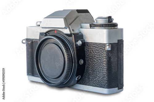 Old vintage black and silver camera on white background, isolated